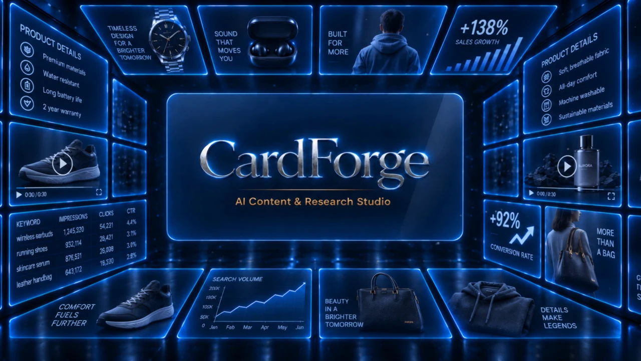 Тоннель из карточек товара и аналитики, в глубине — логотип CardForge на тёмно-синей карточке.
